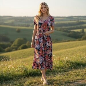 Knox Rose Womens Floral Peasant Gauzy Smocked Tie Tassel Waist Midi Dress Size S